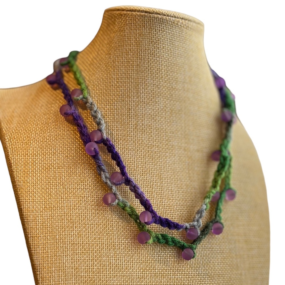 Handmade Crochet Beaded Necklace Purple - Picture 7 of 9